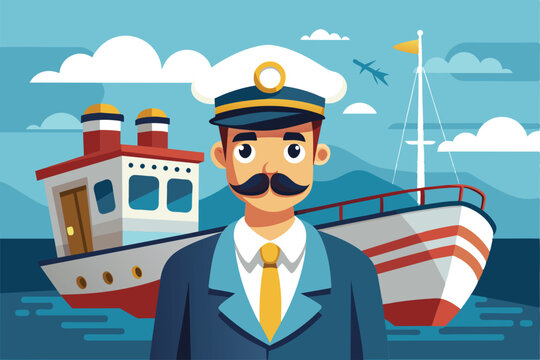 A cheerful boat captain stands proudly in front of a colorful vessel, with mountains and clouds in the background on a bright day