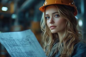 female engineer in hard hat examining blueprint industrial setting confident posture soft natural light emphasizes professionalism