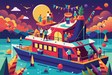 Obraz premium A lively boat party features friends enjoying activities and festivities as the sun sets, surrounded by colorful decorations and a scenic lake backdrop