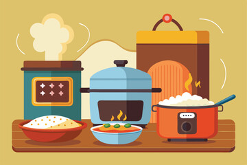 Boiling rice in a microwave and frying in a slow cooker while preparing a flavorful dish on a warm stovetop