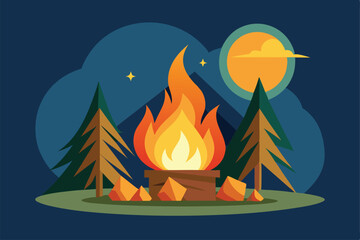 A warm bonfire flickers brightly amid lush trees, creating a cozy atmosphere while the moon shines overhead on a clear night