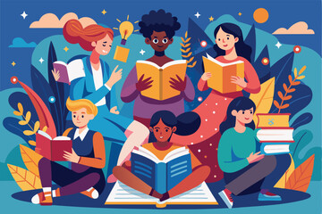 A lively gathering where men and women enjoy reading books and sharing thoughts together in a colorful outdoor setting