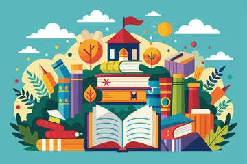 Visitors enjoy an outdoor festival filled with colorful books, showcasing literary works against a backdrop of autumn leaves and a cheerful sky