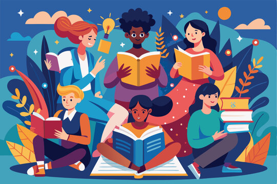 A lively gathering where men and women enjoy reading books and sharing thoughts together in a colorful outdoor setting