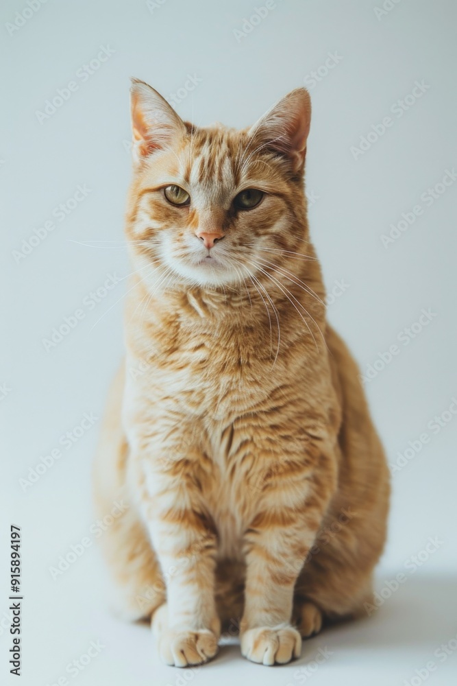 Poster a close-up image of an orange tabby cat sitting on a white surface, looking directly at the camera