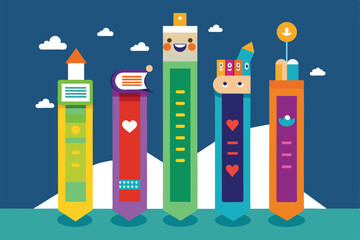 Five colorful bookmarks designed with unique illustrations, showcasing various themes that inspire joy and creativity for avid readers