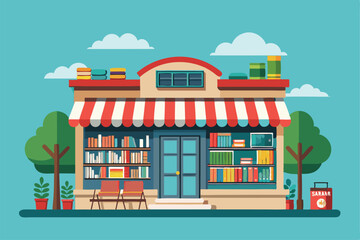 A quaint bookshop features vibrant bookshelves, inviting seating outside, and lush greenery, creating a welcoming atmosphere for readers