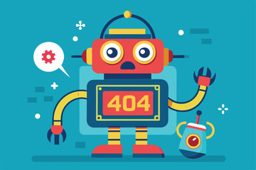 Fototapeta premium A bright, cartoonish robot stands surprised with an error message on its chest, clutching a small device amidst colorful digital elements