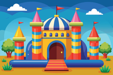 A large bouncy castle features colorful towers and flags, inviting children for fun and play under a clear blue sky surrounded by green trees