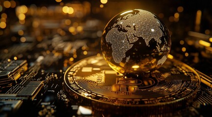 The shining golden globe represents the acquisition of wealth and success decorated with bright lights and a festive atmosphere Colorful and futuristic digital elements Dark background, low angle shot