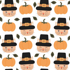 cute hand drawn cartoon character pilgrim cat with pumpkins and leaves thanksgiving holiday seamless vector pattern background illustration