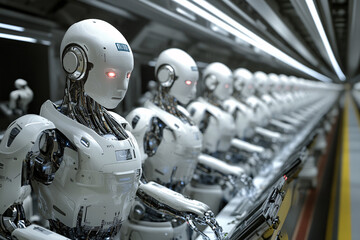 A futuristic assembly line of advanced humanoid robots, all identical and arranged in a row, exemplifies modern automation and technology