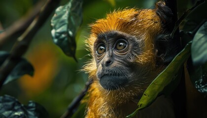 Fototapeta premium Curious Golden Monkey Observing Nature in Its Tropical Forest Habitat During Daytime