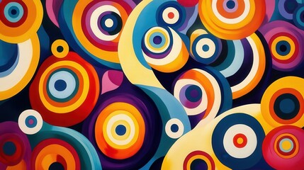 Groovy art style with a mix of retro shapes and patterns, characterized by vibrant, swirling colors and playful, abstract designs