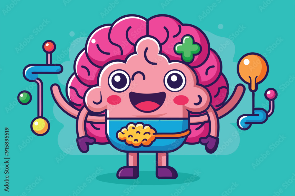 Poster a cheerful brain character with customizable features interacts with colorful gadgets, showcasing a 
