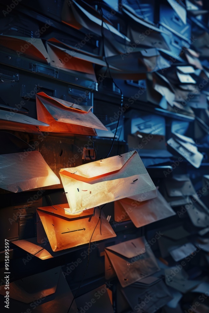 Poster a pile of envelopes and packages on a shelf