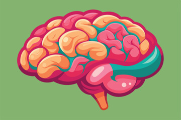 A vibrant, disproportionate illustration showcasing a colorful brain organ against a solid green background