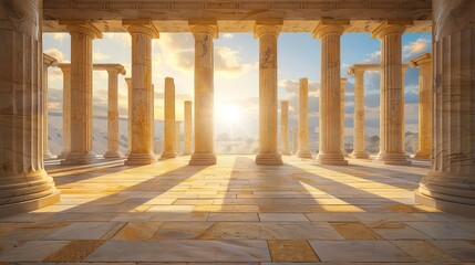 Fototapeta premium A view from inside a grand, ancient, stone structure with a row of tall pillars and a sunlit sky beyond.
