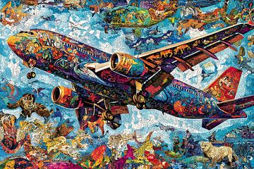A mosaic-style image of a plane featuring intricate patterns and colorful artwork.