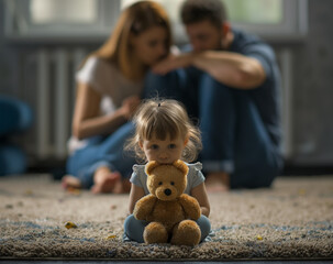 A sad girl is crying holding a teddy bear toy during a family fight at her parents' house, a tearful child, a sad girl, a girl is crying with her teddy bear in the middle of a family fight
