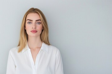 Obraz premium Elegant Portrait of Blonde Woman in White Shirt against Minimalist Background, Ideal for Branding and Marketing, Perfect for Banners, Editorials, and Corporate Use with Copyspace