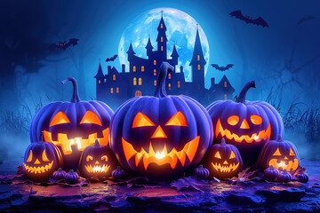 Fototapeta premium Group of scary halloween pumpkins glowing in front of haunted house