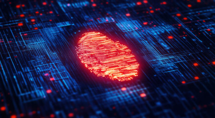 Image of data processing over biometric fingerprint on dark background