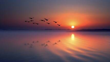 Birds Flying Over Calm Water at Sunrise With Warm Colors in the Sky