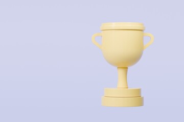 3d Trophy cup winner success champion icon symbol on isolated purple background. Achievement award, champion 1st winner award concept. Minimal Gold Trophy victory cup award. 3d render.