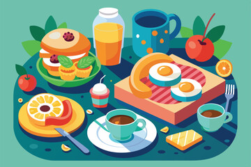 A delightful breakfast featuring pancakes, eggs, fresh fruits, and various beverages arranged on a table in a warm, inviting atmosphere