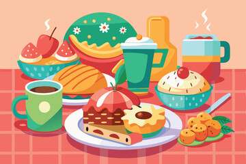 A vibrant breakfast spread showcases an array of fruits, pastries, and desserts, perfect for celebrating a joyful holiday morning gathering