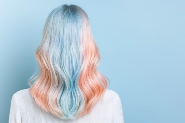 Naklejka premium Woman with Blue and Peach Ombre Hair, Back View, Minimalist Beauty Portrait, Soft Waves, Light Blue Background, Modern and Stylish Look, Fashion Image with Copy Space for Text