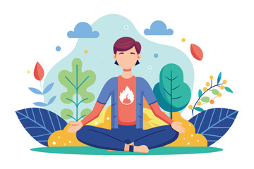 A person practices customizable breathing exercises in a serene natural setting, surrounded by plants and gentle colors during sunset