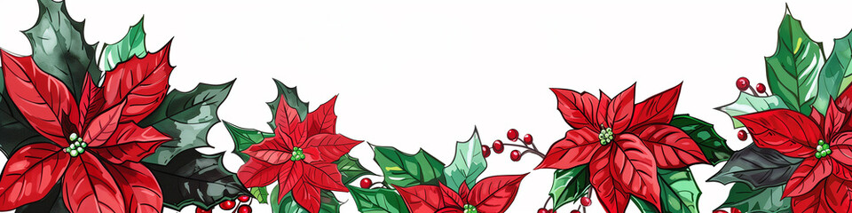 Banner with a Poinsettia plant on a white background and copyspace for text. Ideal for use as a Christmas or New Year greeting card.