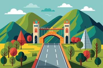 A bridge road stretches through vibrant green mountains adorned with colorful trees under a clear blue sky, creating a picturesque landscape