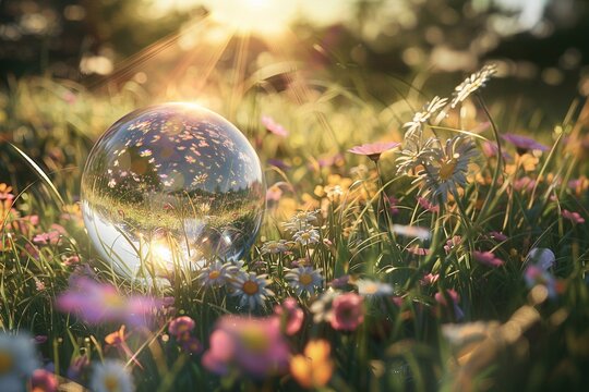 
A transparent glass globe lies among flooded grass and field flowers. The sun's rays shine through the air and the globe. Hyperrealistic image.