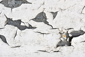 old cracked paint. white, gray paint, rough surface, paint texture. background for text. vintage surface. Copy space Top view. needs repair, restoration
