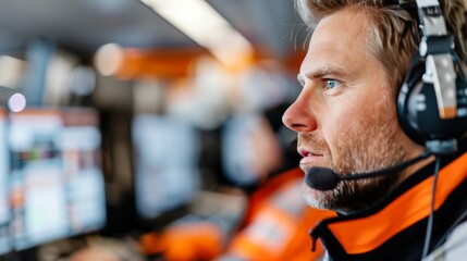 Race Team Strategist Analyzing Data During a Formula One Event