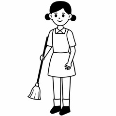  girl is standing with broom  line art  Silhouette Vector illustration
