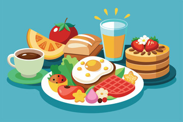 A vibrant brunch display featuring eggs, waffles, fruit, coffee, and juice, set on a cheerful blue background, perfect for a relaxed morning gathering