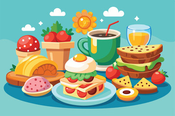 A vibrant brunch spread featuring customizable food items like sandwiches, pastries, fruits, and beverages, all artfully arranged on a blue table