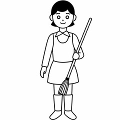  girl is standing with broom  line art  Silhouette Vector illustration
