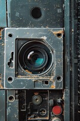 Close-up shot of an old film camera with a worn-out lens, ready for vintage photography