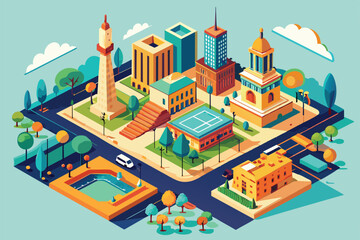 Naklejka premium A vibrant isometric illustration showcases Buenos Aires with modern and historic architecture, parks, and recreational areas bustling with activity