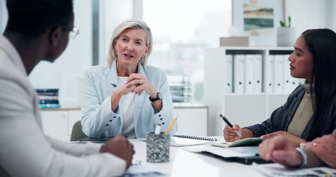 Business, people and discussion in office for strategy, performance review and project or policy update. Manager, conversation and team collaboration for feedback, sales report and meeting for growth