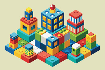 Colorful building blocks form a playful cityscape showcasing various structures and creative designs in a dynamic arrangement