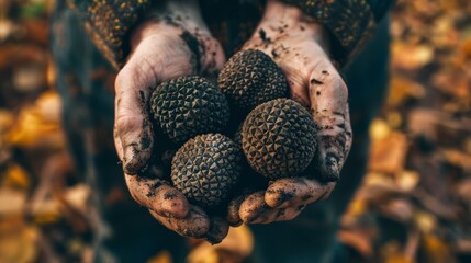Farmer holding freshly harvested black truffles in dirty hands against autumn leaf background, with strong aroma
