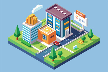 A detailed isometric illustration features a cityscape with customizable buildings, a road, and greenery, highlighting urban development and planning themes