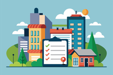 A colorful illustration showcases various buildings alongside a checklist, symbolizing building permit processes in an urban setting