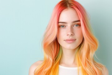 Fototapeta premium Woman with Peach and Yellow Hair, Minimalist Beauty Portrait, Soft Waves, Light Blue Background, Modern and Stylish Look, Fashion Image with Copy Space for Text